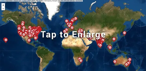 A global map showing locations of performances by the Nrityagram ensemble